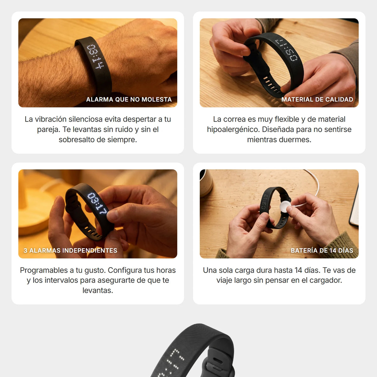Caracteristicas: alarma silenciosa, material, 14 dias de bateria