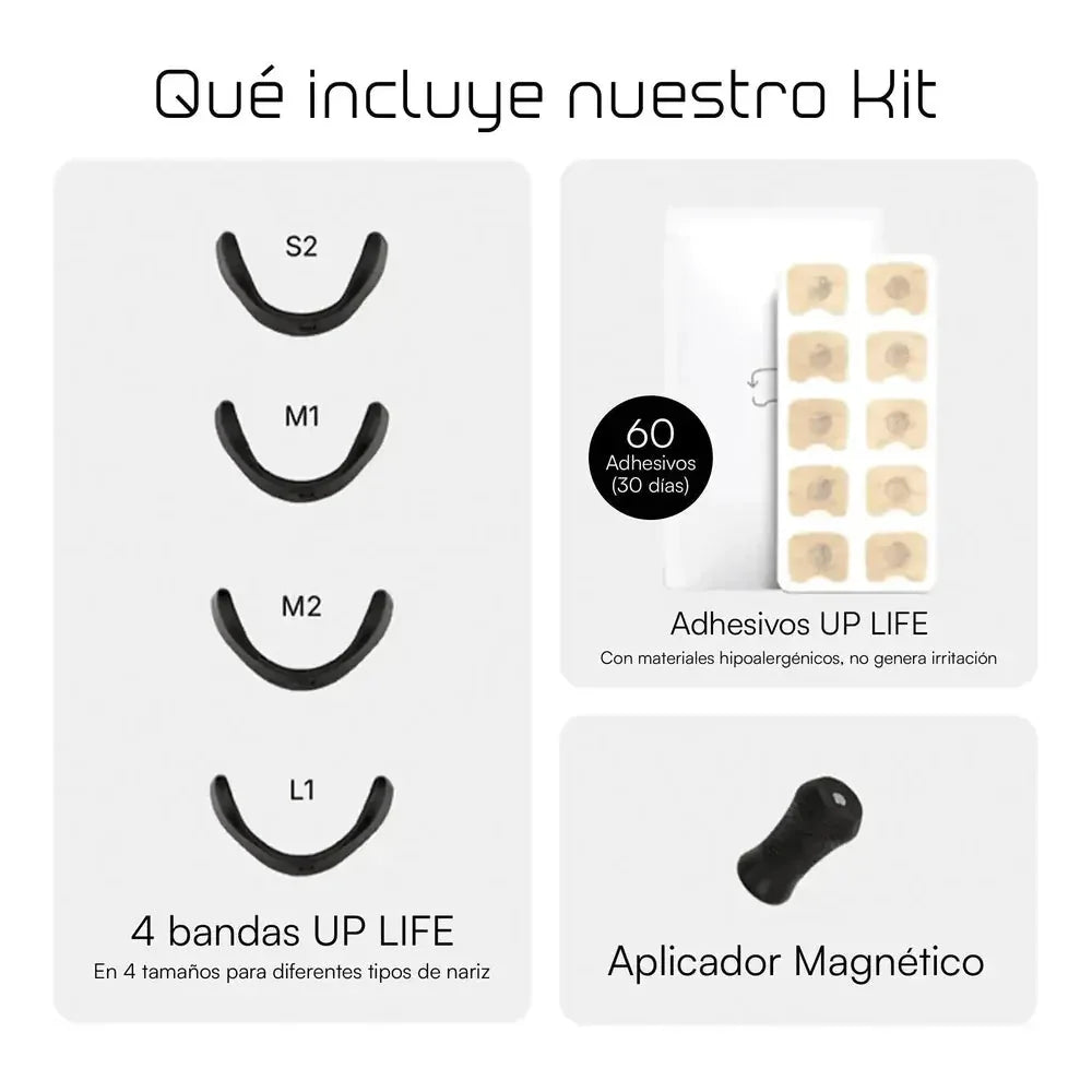 Contenido del Starter Kit UP Life: 4 bandas, 60 adhesivos y aplicador magnético
